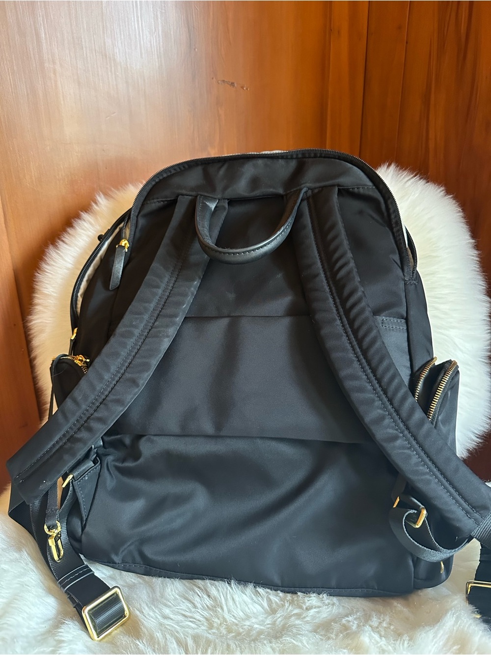 Tumi Black Nylon Backpack with Gold Hardware Accents - Picture 7 of 8
